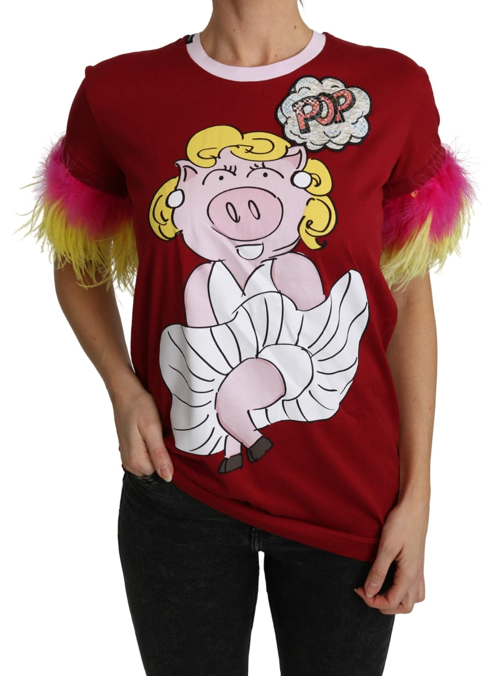 Dolce & Gabbana Red Pig Print Feather Sleeves T-shirt Top - T-Shirts