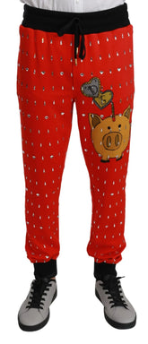 Dolce & Gabbana Red Piggy Bank Cotton Crystal Trousers Pants - Joggers