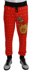 Dolce & Gabbana Red Piggy Bank Cotton Crystal Trousers Pants - Joggers