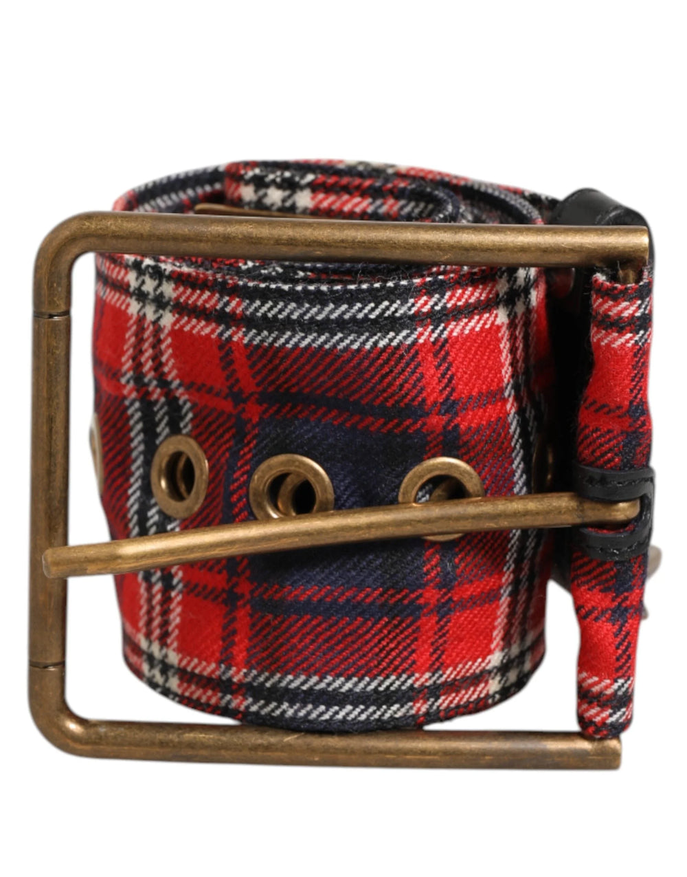 Dolce & Gabbana Red Plaid Fabric Logo Plate Brass Buckle Belt - 90 cm / 36 Inches - Belts