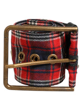 Dolce & Gabbana Red Plaid Fabric Logo Plate Brass Buckle Belt - 90 cm / 36 Inches - Belts