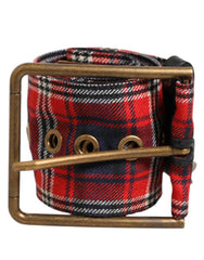 Dolce & Gabbana Red Plaid Fabric Logo Plate Brass Buckle Belt - 90 cm / 36 Inches - Belts