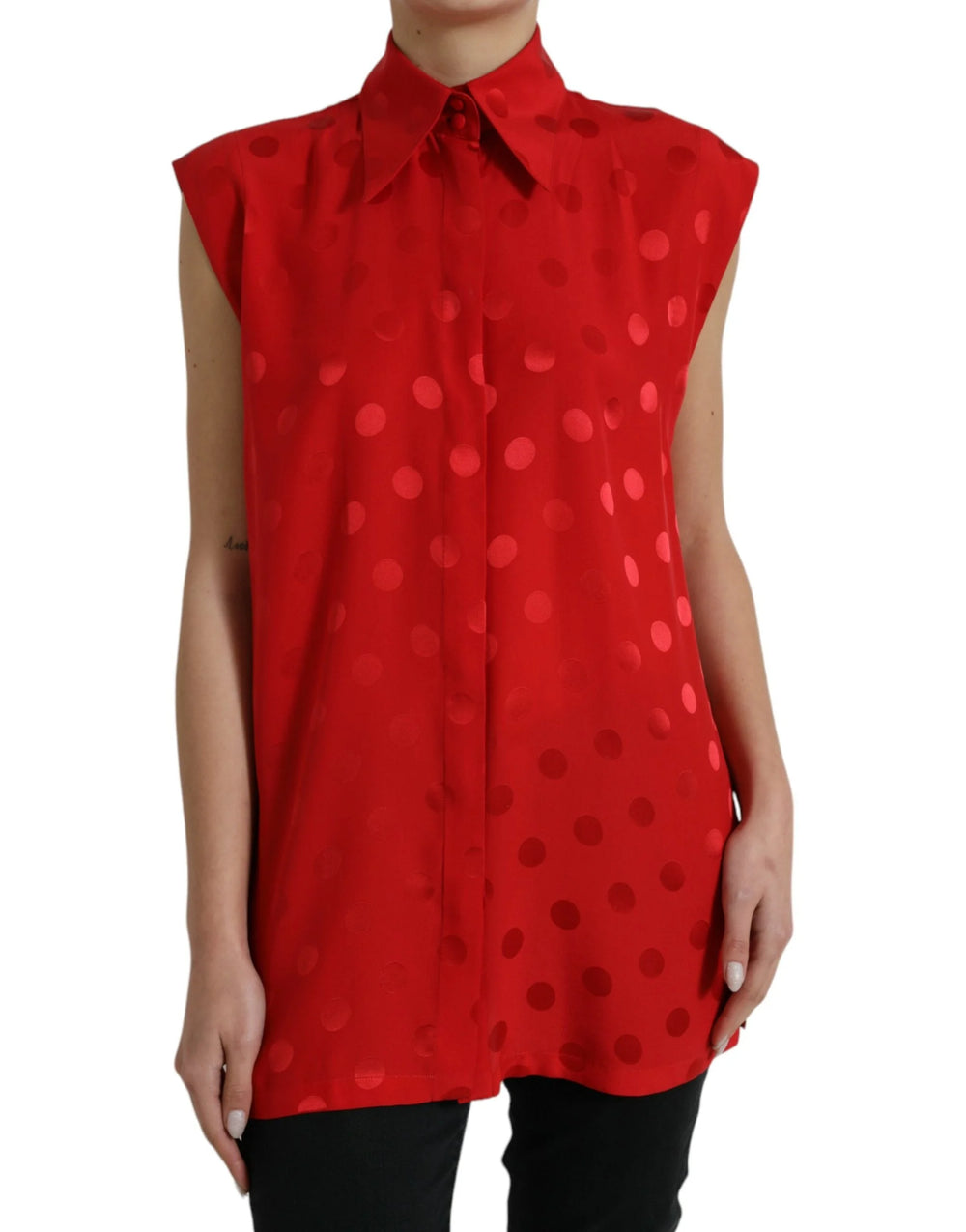 Dolce & Gabbana Red Polka Dot Sleeveless Collared Blouse Top - IT40|S - Blouses