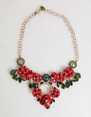 Dolce & Gabbana Red Rose Floral Crystal Embellished Statement Jewelry Necklace - Necklaces