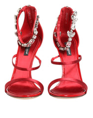 Dolce & Gabbana Red Satin Crystals Keira Sandals Heels Shoes - Heels