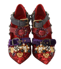Dolce & Gabbana Red Sequined Crystal Studs Heels Shoes - EU36/US5.5