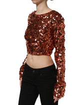 Dolce & Gabbana Crop Top Maniche Lunghe Rosso con Sequins