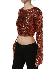Dolce & Gabbana Red Sequined Long Sleeves Crop Blouse Top
