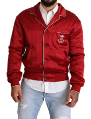 Dolce & Gabbana Red Silk Button DG Logo Bomber Jacket - IT48 | M - Bomber Jackets