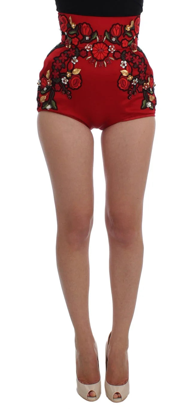 Dolce & Gabbana Red Silk Crystal Roses Shorts - IT40|S - Short Trousers