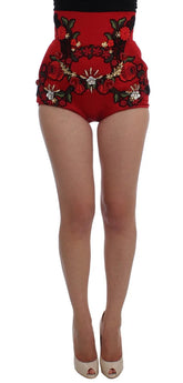 Dolce & Gabbana Red Silk Crystal Roses Shorts - IT40|S - Short Trousers