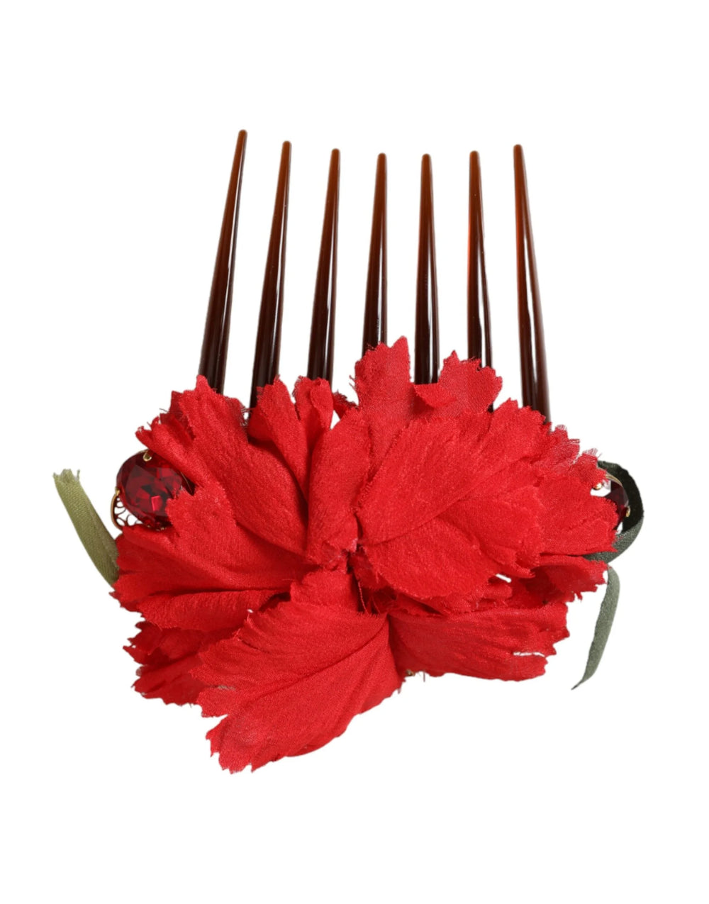 Dolce & Gabbana Red Silk Floral Gold Brass Women Hair Comb - Hair Combs