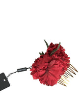 Dolce & Gabbana Red Silk Floral Gold Brass Women Hair Comb - Hair Combs