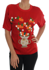 Dolce & Gabbana Red Silk Orange Vase Crystal Top - Blouses