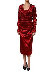 Dolce & Gabbana Red Silk Satin Draped Midi Floral Applique Dress - IT50|3XL