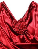 Dolce & Gabbana Red Silk Satin Draped Midi Floral Applique Dress - IT50|3XL