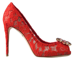Dolce & Gabbana Red Taormina Lace Crystal Heels Pumps Shoes - Heels