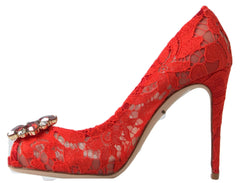Dolce & Gabbana Red Taormina Lace Crystal Heels Pumps Shoes - Heels