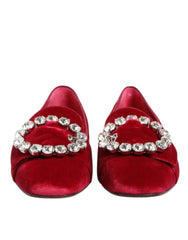 Dolce & Gabbana Red Velvet Crystal Buckle Loafers Flats Shoes - Flats