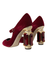 Dolce & Gabbana Red Velvet Gold Crystals Heels Mary Jane Shoes - EU40.5/US10 - Heels