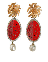 Dolce & Gabbana Red Watermelon Gold Brass Crystal Clip Dangling Earrings - Earrings
