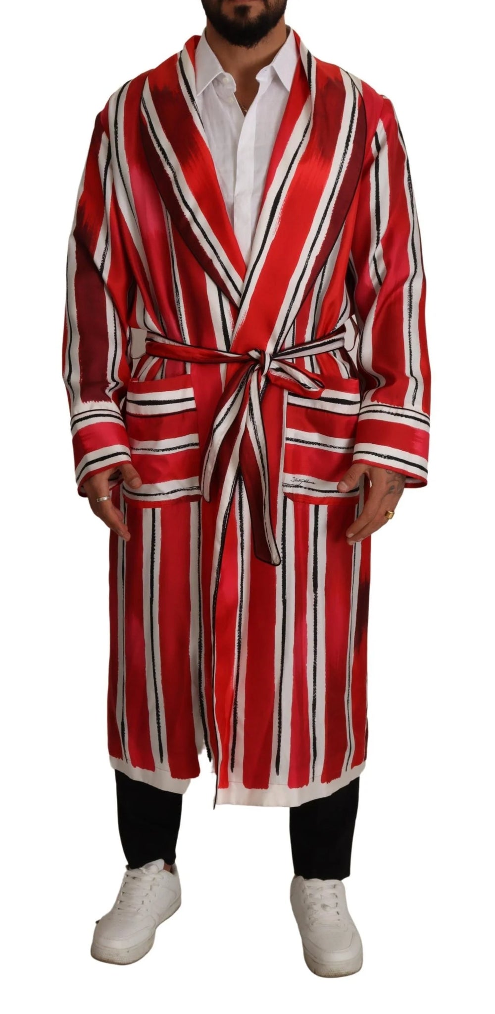 Dolce & Gabbana Red White Striped Silk Mens Night Gown Robe - IT46 | S - Robes