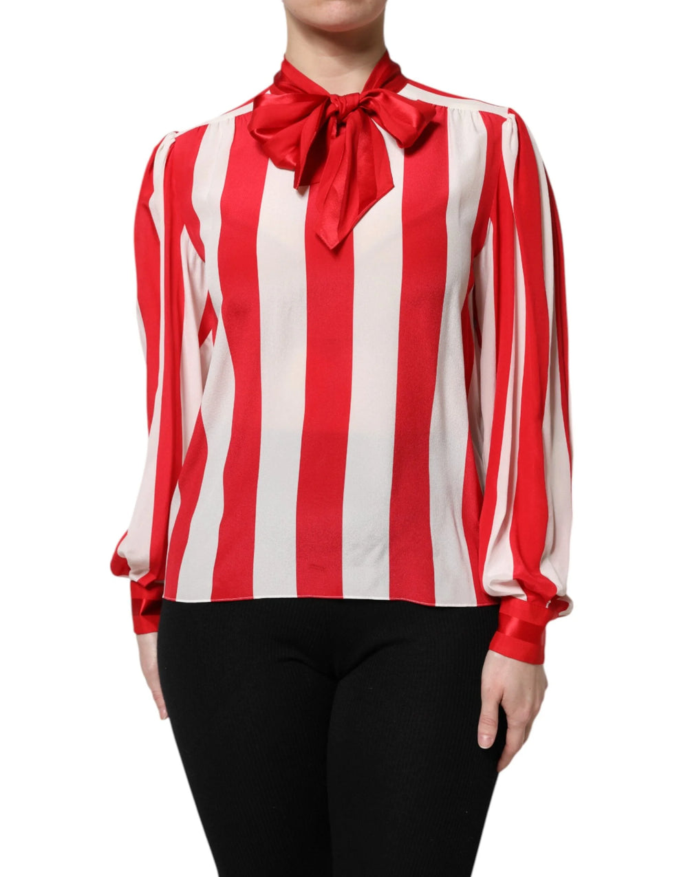 Dolce & Gabbana Red White Stripes Ascot Collar Blouse Top - Blouses
