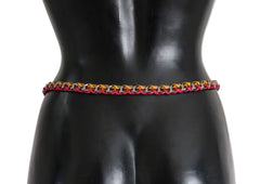 Dolce & Gabbana Red Yellow Leather Crystal Belt - Belts