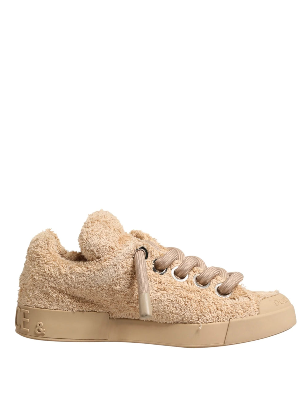 Dolce & Gabbana Shoes Beige Faux Shearling Low Top Sneakers - EU44/US11