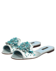 Dolce & Gabbana Silver Blue Leather Bead Embellish Slide Shoes - Sandals