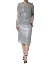 Dolce & Gabbana Silver Floral Lace Bodycon Sheath Midi Dress - IT40|S - Dresses