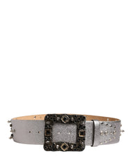 Dolce & Gabbana Silver Leather Crystal Metal Buckle Belt