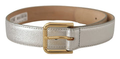 Dolce & Gabbana Silver Leather Gold Tone Logo Metal Waist Buckle Belt - 65 cm / 26 Inches - Belts