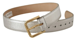 Dolce & Gabbana Silver Leather Gold Tone Logo Metal Waist Buckle Belt - 65 cm / 26 Inches - Belts