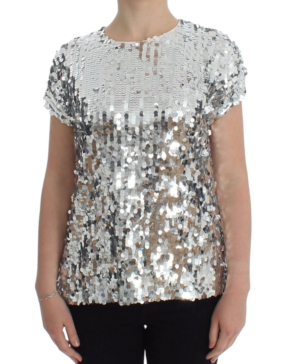 Dolce & Gabbana Silver Sequined Crewneck Blouse T-shirt Top - Blouses