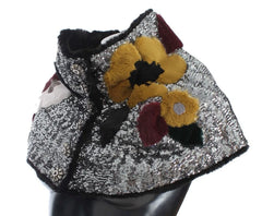Dolce & Gabbana Silver Sequined Floral Weasel Fur Shoulder Scarf Wrap - Scarves & Shawls