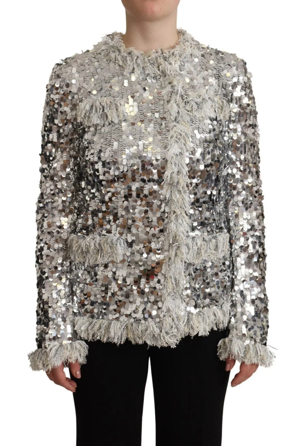 Dolce & Gabbana Silver Sequined Shearling Long Sleeves Jacket - IT40|S - Coats & Jackets