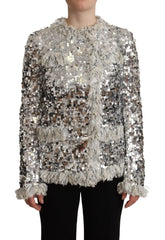Dolce & Gabbana Silver Sequined Shearling Long Sleeves Jacket - IT40|S - Coats & Jackets