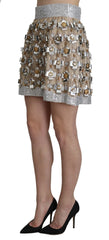 Dolce & Gabbana Silver Silk Crystal High Waist Mini Skirt - IT42|M - Skirts