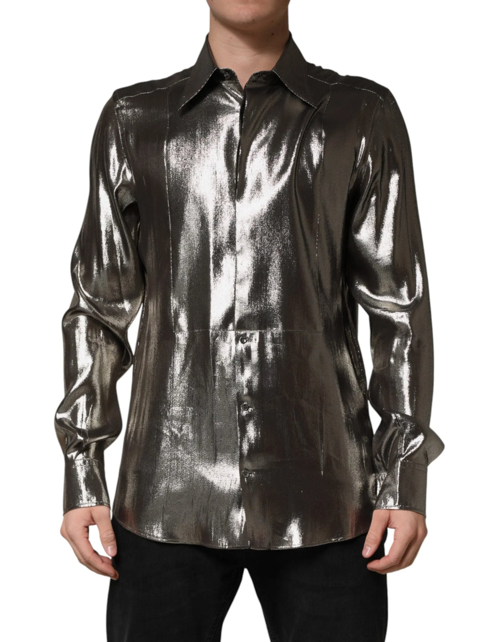 Dolce & Gabbana Silver Silk GOLD Collared Dress Formal Shirt - IT41 | L