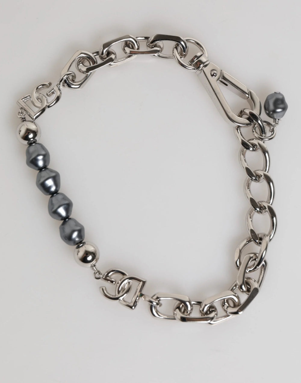 Dolce & Gabbana Silver Tone Chain Lobster Clasp Logo Gray Pearls Bracelet - Bracelets