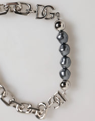 Dolce & Gabbana Silver Tone Chain Lobster Clasp Logo Gray Pearls Bracelet - Bracelets