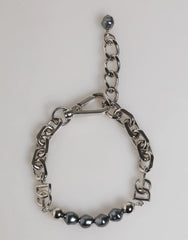 Dolce & Gabbana Silver Tone Chain Lobster Clasp Logo Gray Pearls Bracelet