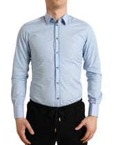 Dolce & Gabbana Sky Blue Cotton Men Formal GOLD Dress Shirt - Shirts