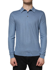 Dolce & Gabbana Sky Blue Silk Collared Men Pullover Sweater - IT48 | M - Sweaters