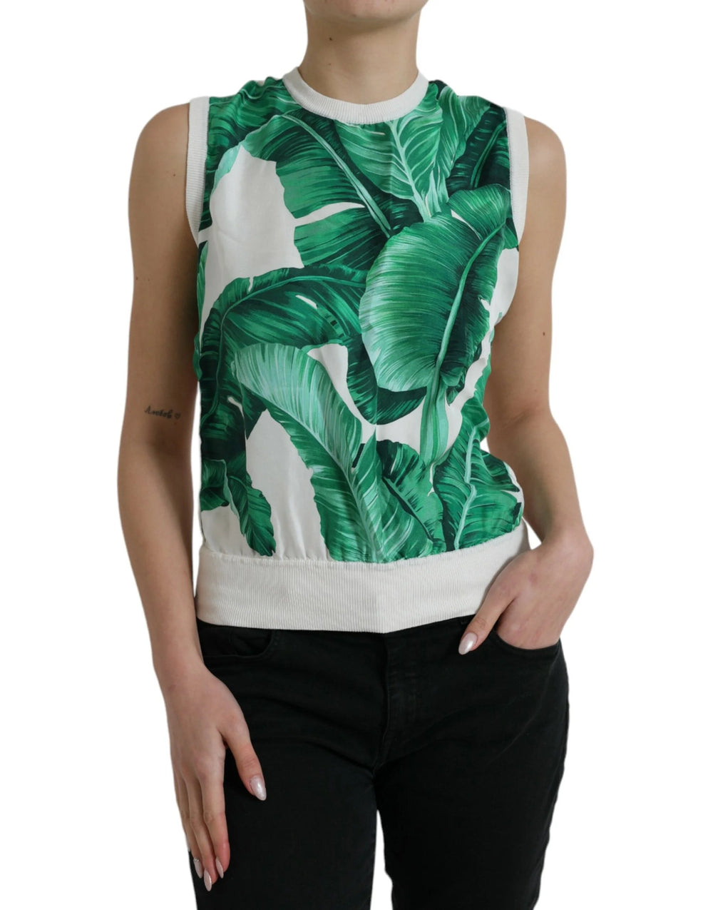 Dolce & Gabbana White Banana Leaf Print Crew Neck Tank Top - IT36 | XS - Tank Tops