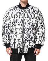 Dolce & Gabbana White Black Graffiti Logo Puffer Bomber Jacket - L - Bomber Jackets