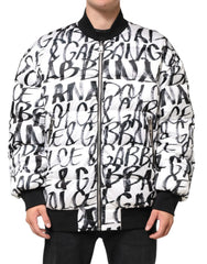 Dolce & Gabbana White Black Graffiti Logo Puffer Bomber Jacket - L - Bomber Jackets