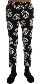 Dolce & Gabbana White Black Leaf Cotton Stretch Slim Pants - Trousers