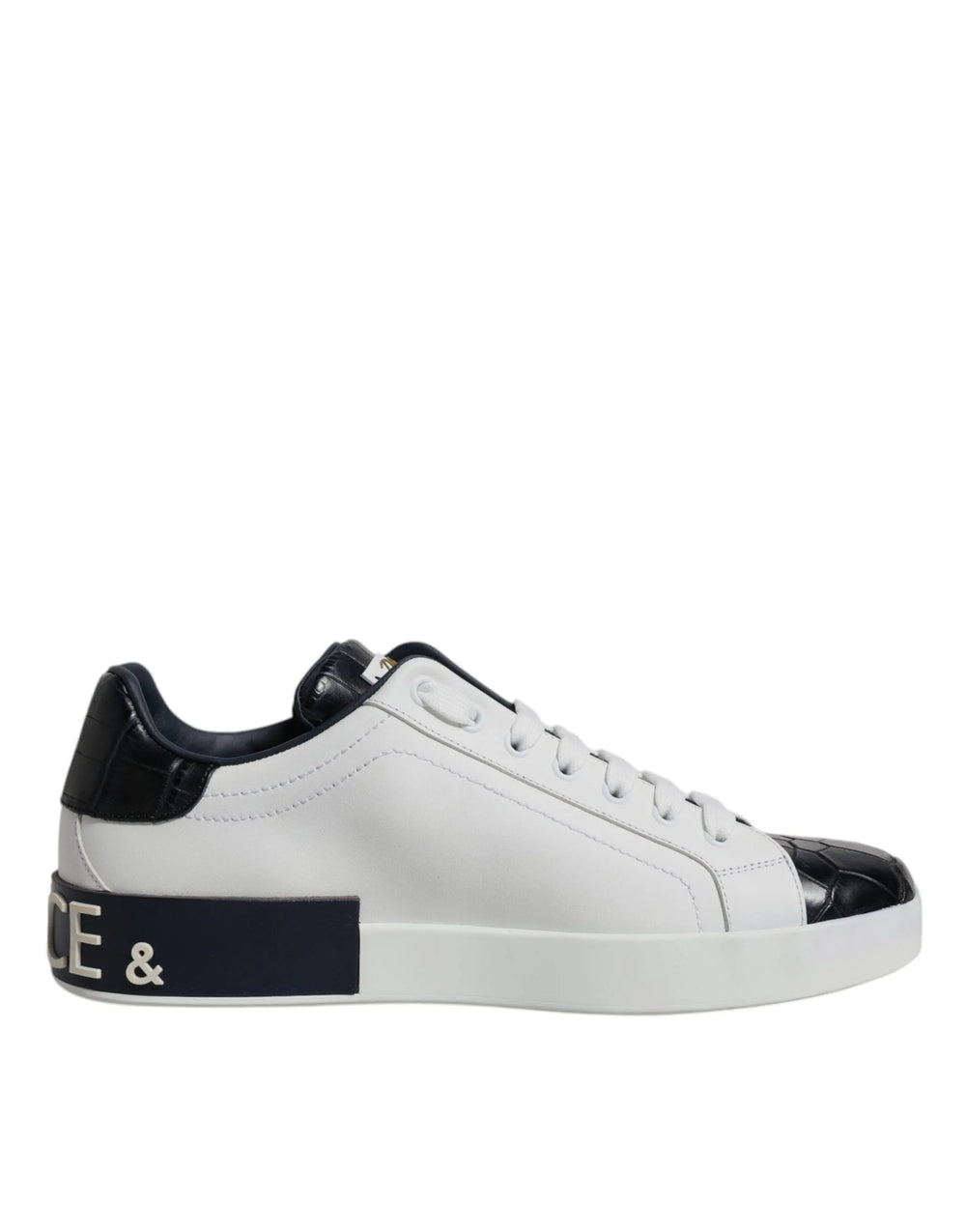 Dolce & Gabbana White Black Leather Portofino Sneakers Shoes - Sneakers